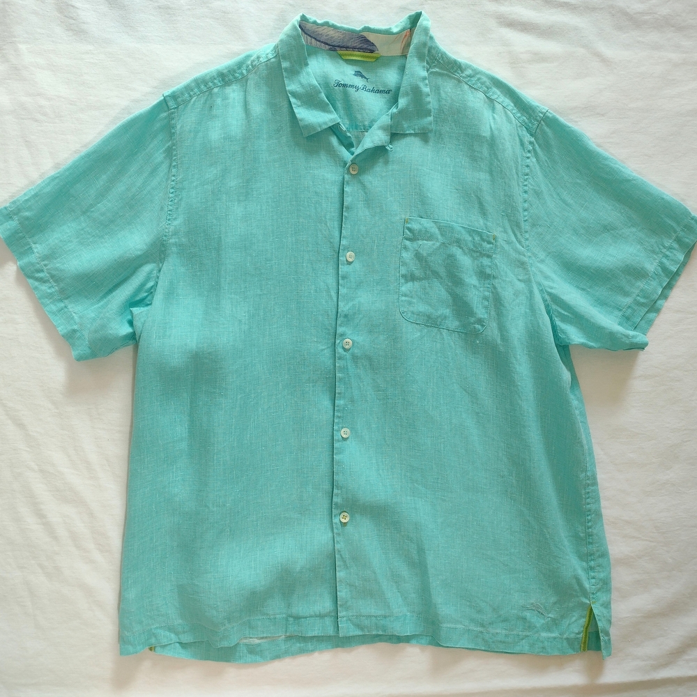 Tommy Bahama Linen Button Down Sea Glass Green Camp Shirt